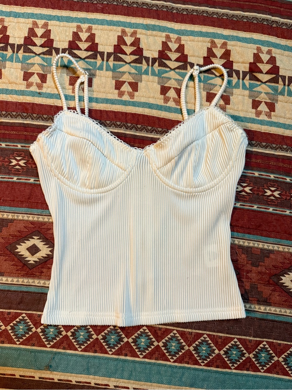 White fox Ivory Ribbed Lace-Trim Cami XS